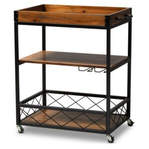 Baxton Studio Capri Vintage Rustic Industrial Oak Brown and Black Finished Mobile Metal Bar Cart with Stemware Rack