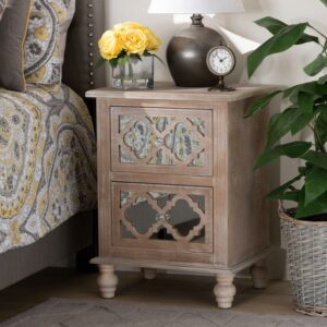 Baxton Studio Celia Transitional Rustic French Country White-Washed Wood and Mirror 2-Drawer Quatrefoil End Table