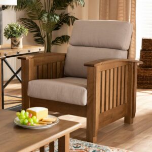 Baxton Studio Charlotte Modern Classic Mission Style Taupe Fabric Upholstered Walnut Brown Finished Wood 1-Seater Lounge Chair