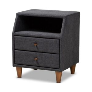 Baxton Studio Claverie Mid-Century Modern Charcoal Fabric Upholstered 2-Drawer Wood Nightstand