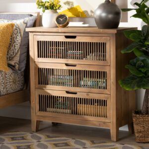 Baxton Studio Clement Rustic Transitional Medium Oak Finished 3-Drawer Wood Spindle Chest