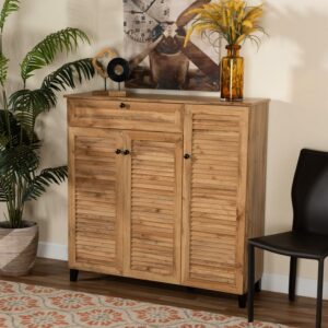 Baxton Studio Coolidge Modern and Contemporary Oak Brown Finished Wood 3-Door Shoe Storage Cabinet with Drawer