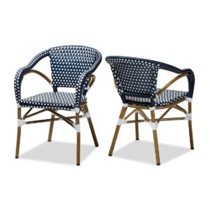 Set of 2 Baxton Studio Eliane Classic French Indoor and Outdoor Navy and White Bamboo Style Stackable Bistro Dining Chair Set