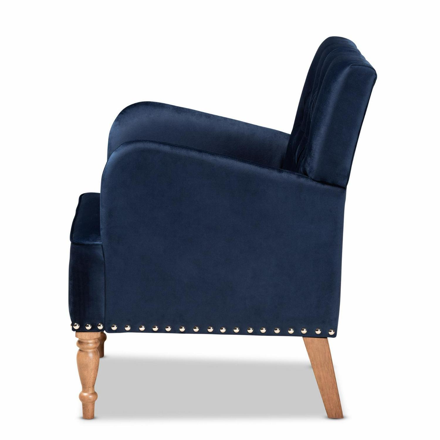 Baxton Studio Eri Contemporary Glam and Luxe Navy Blue Velvet Upholstered and Walnut Brown Finished Wood Armchair - Image 4