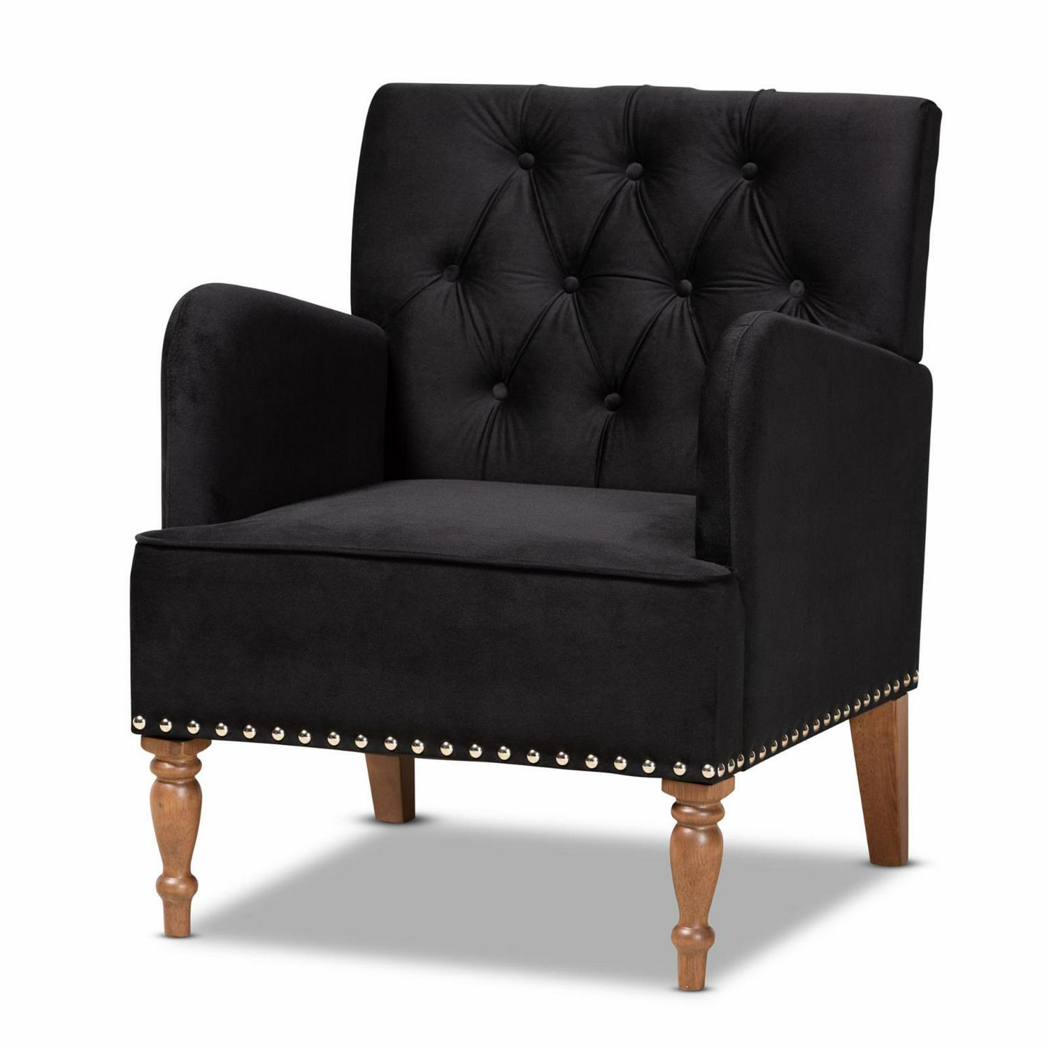 Baxton Studio Eri Contemporary Glam and Luxe Navy Blue Velvet Upholstered and Walnut Brown Finished Wood Armchair - Image 2