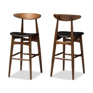 Set of 2 Baxton Studio Flora Mid-Century Modern Black Faux Leather Upholstered Walnut Finished Bar Stool