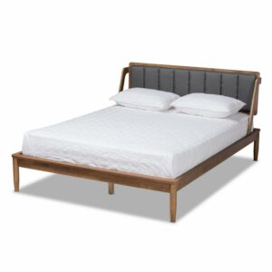 Wholesale Interiors Helsa Mid-Century Modern Dark Grey Fabric Upholstered and Walnut Finished King Size Platform Bed