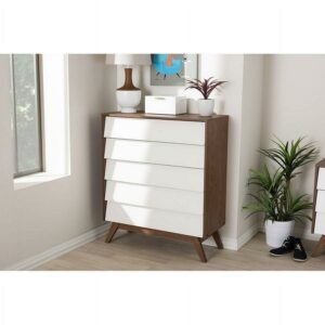 Baxton Studio Hildon Mid-Century Modern White and Walnut Wood 5-Drawer Storage Chest