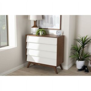 Baxton Studio Hildon Mid-Century Modern White and Walnut Wood 4-Drawer Storage Chest