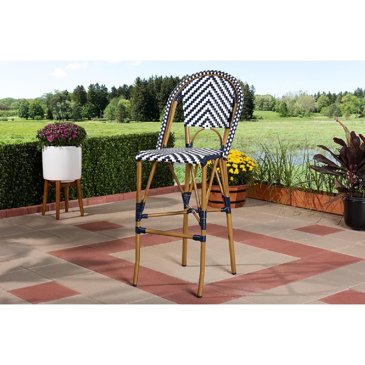Baxton Studio Ilene Classic French Indoor and Outdoor White and Blue Bamboo Style Stackable Bistro Bar Stool - Image 6