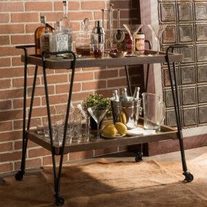 Baxton Studio Jessica Rustic Industrial Style Antique Black Textured Finish Metal Distressed Ash Wood Mobile Serving Bar Cart