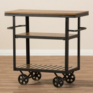 Baxton Studio Antique Black Textured Finished Metal Distressed Wood Mobile Serving Cart