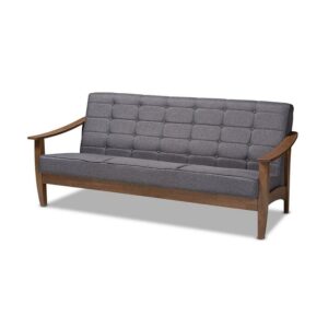 Baxton Studio Larsen Mid-Century Modern Gray Fabric Upholstered Walnut Wood Sofa