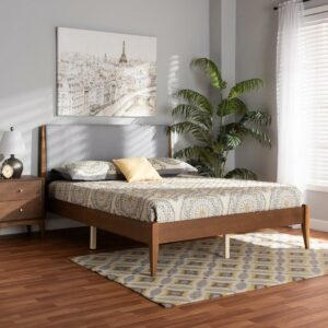 Baxton Studio Lenora Mid-Century Modern Grey Fabric Upholstered and Walnut Brown Finished Wood King Size Platform Bed