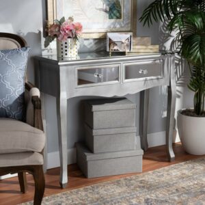 Baxton Studio Leonie Modern Transitional French Brushed Silver Finished Wood and Mirrored Glass 2-Drawer Console Table