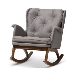 Baxton Studio Maggie Mid-Century Modern Grey Fabric Upholstered Walnut-Finished Rocking Chair