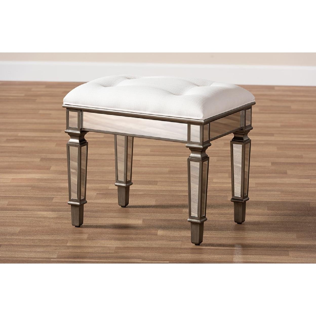 Baxton Studio Marielle Hollywood Regency Glamour Style Off White Fabric Upholstered Mirrored Ottoman Vanity Bench - Image 7