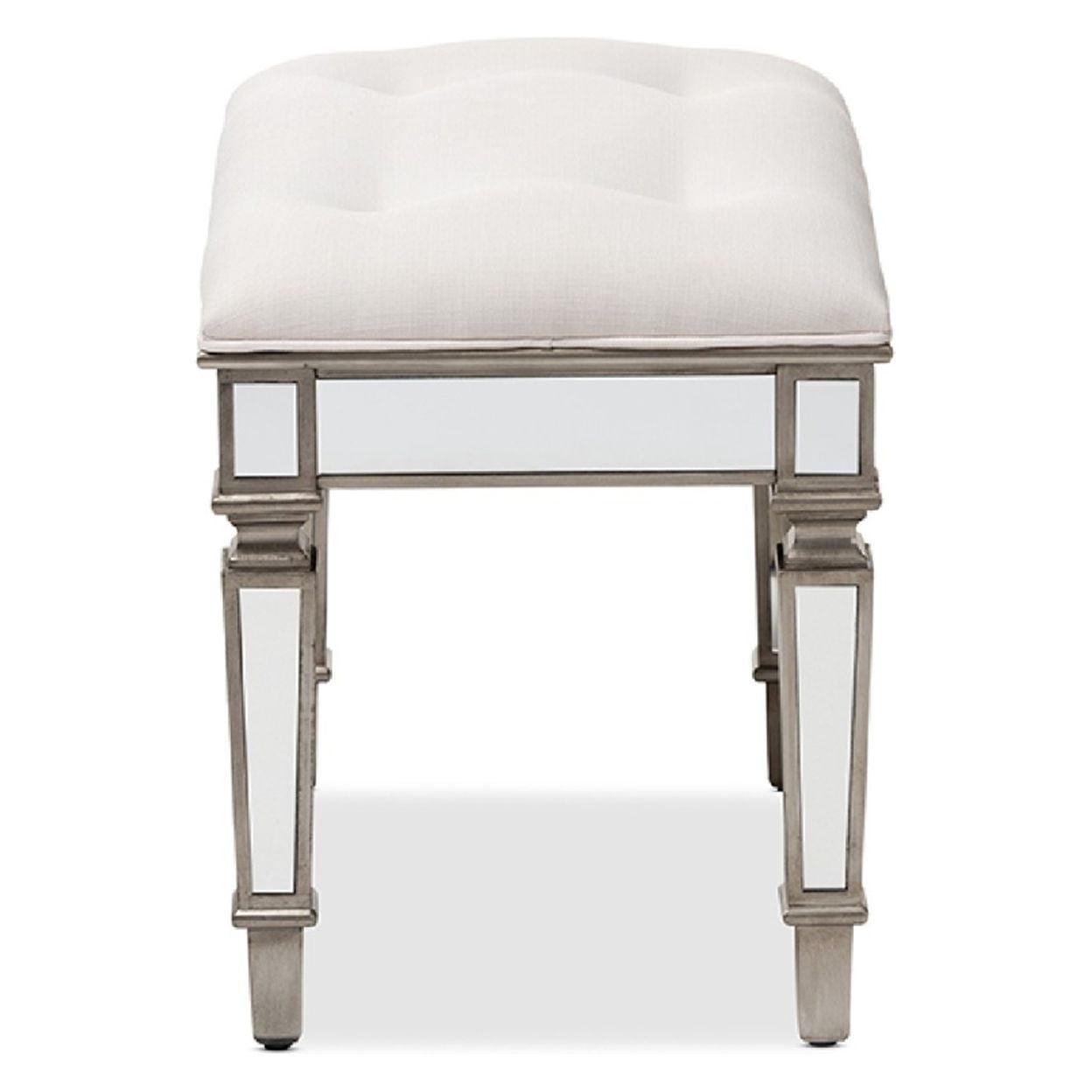 Baxton Studio Marielle Hollywood Regency Glamour Style Off White Fabric Upholstered Mirrored Ottoman Vanity Bench - Image 3
