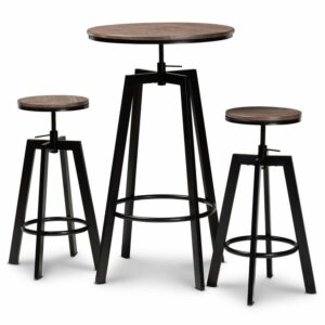 Wholesale Interiors Vintage Industrial Rustic Walnut Finished Wood & Black Metal 3Piece Height Adjustable Bar Pub Set
