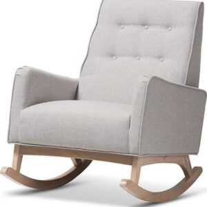 Baxton Studio Marlena Mid-Century Modern Greyish Beige Fabric Upholstered Whitewash Wood Rocking Chair
