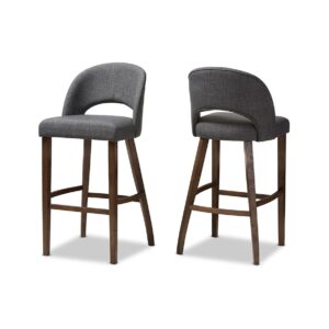 Baxton Studio Melrose Mid-Century Modern Dark Grey Fabric Upholstered Walnut Finished Wood Bar Stool (Set of 2)