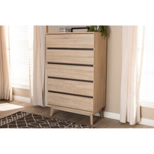 Baxton Studio Miren Mid-Century Modern Light Oak and Dark Grey 5-Drawer Chest