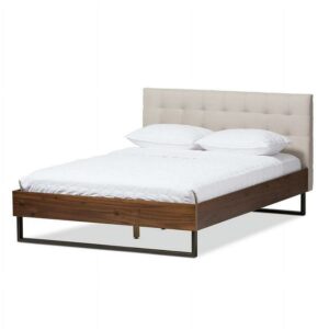 Baxton Studio Mitchell Walnut Wood Beige Fabric King Size Platform Bed