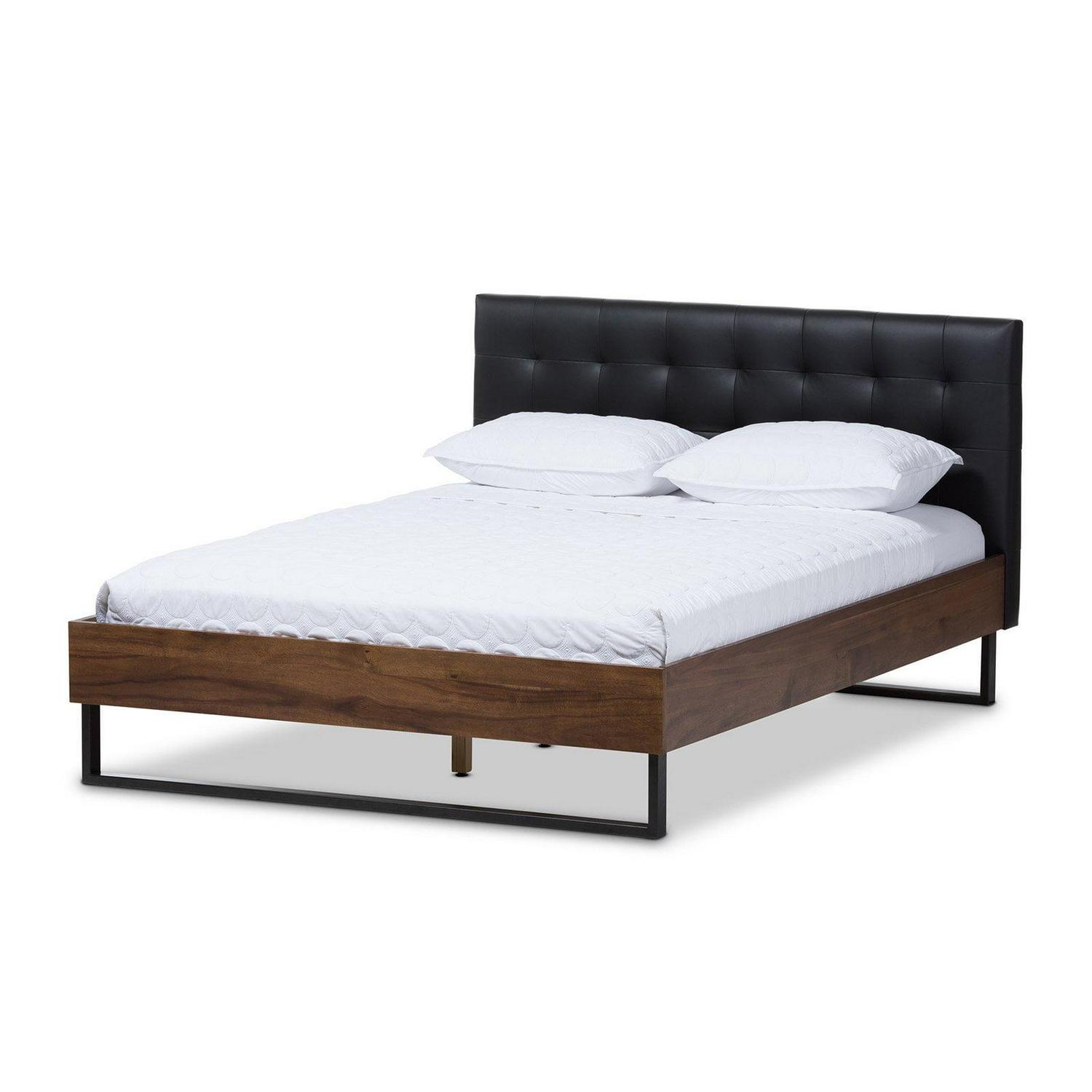 Baxton Studio Mitchell Rustic Industrial Walnut Wood Black Faux Leather Dark Bronze Metal King Size Platform Bed - Image 2