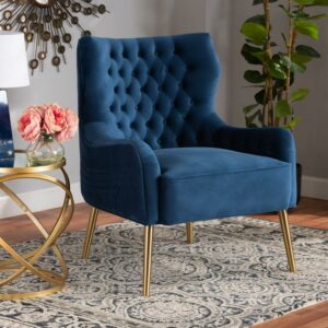 Baxton Studio Nelson Wingback Chair, Navy Blue and Gold