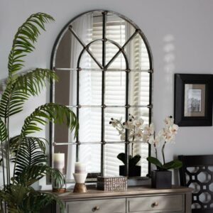 Baxton Studio Newman Vintage Farmhouse Antique Silver Finished Arched Window Accent Wall Mirror