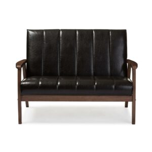 Baxton Studio Nikko Mid-century Modern Scandinavian Style Dark Brown Faux Leather Wooden 2-Seater Loveseat