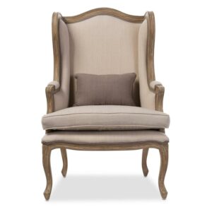 Baxton Studio Oreille French Provincial Style White Wash Distressed Two-tone Beige Upholstered Armchair