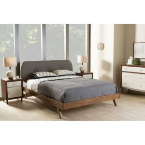 Baxton Studio Penelope Mid-Century Modern Solid Walnut Wood Fabric Upholstered Platform Bed, Multiple Sizes, Multiple Colors