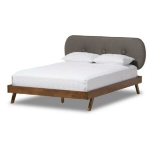 Baxton Studio Penelope Mid-Century Modern Solid Walnut Wood Fabric Upholstered Platform Bed, Multiple Sizes, Multiple Colors