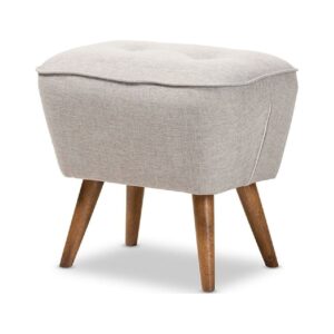 Baxton Studio Petronelle Mid-Century Modern Greyish Beige Fabric Upholstered Walnut Brown Finished Wood Ottoman