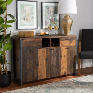 Baxton Studio Ranger Mid-Century Modern Rustic Brown Finished Wood and Grey Metal 2-Door Sideboard Buffet