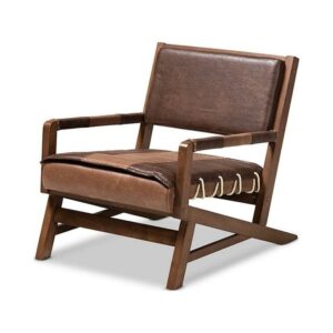 Baxton Studio Rovelyn Rustic Brown Faux Leather Upholstered Walnut Finished Wood Lounge Chair
