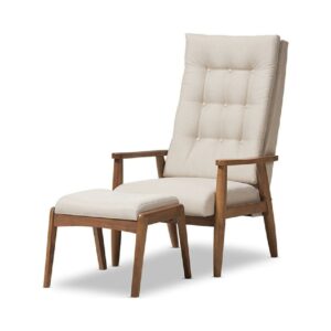 Baxton Studio Roxy Mid-Century Modern Walnut Wood Finishing and Light Beige Upholstered Button-Tufted High-Back Lounge