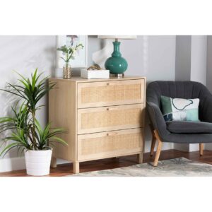 Baxton Studio Sebille Mid-Century Modern Light Brown Finished Wood 3-Drawer Storage Chest with Natural Rattan