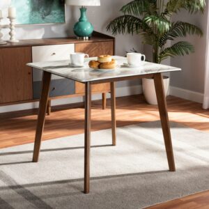 Baxton Studio Select Indoor Mid-Century Square Marble Dining Table, Walnut Brown/White
