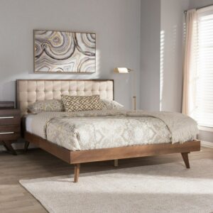 Baxton Studio Soloman Mid-Century Modern Light Beige Fabric and Walnut Brown Finished Wood Platform Bed, Multiple Sizes