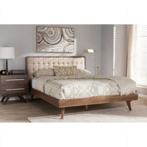 Baxton Studio Soloman Mid-Century Modern Light Beige Fabric and Walnut Brown Finished Wood Platform Bed, Full