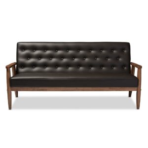 Baxton Studio Sorrento Mid-century Retro Modern Brown Faux Leather Upholstered Wooden 3-seater Sofa