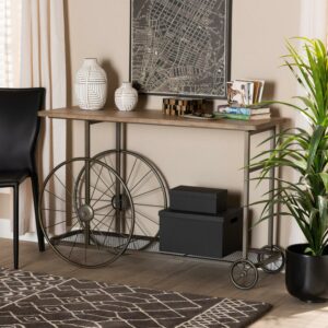 Baxton Studio Terence Vintage Rustic Industrial Natural Finished Wood and Black Finished Metal Wheeled Console Table