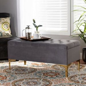 Baxton Studio Valere Glam and Luxe Grey Velvet Fabric Upholstered Gold Finished Button Tufted Storage Ottoman