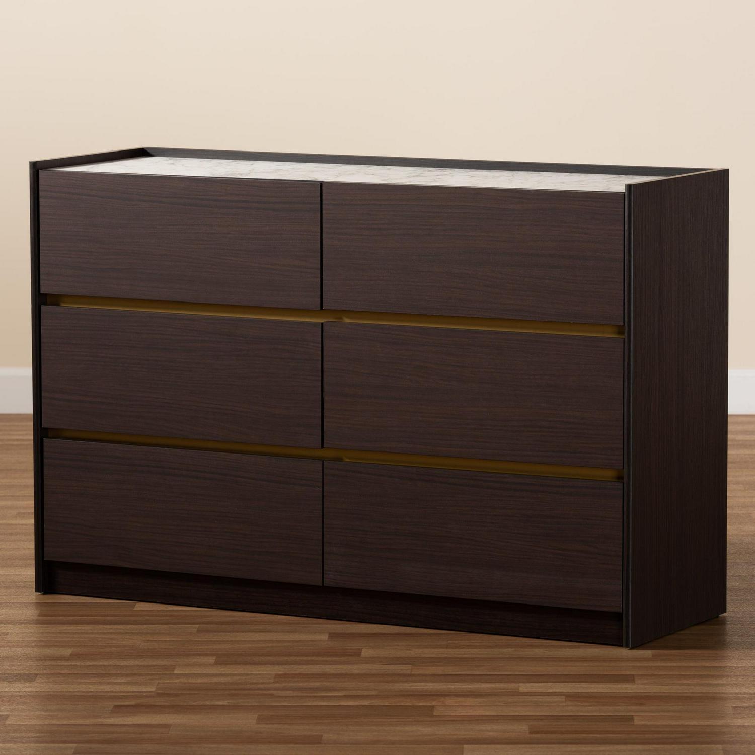 Baxton Studio Walker Modern and Contemporary Dark Brown and Gold Finished Wood 6-Drawer Dresser with Faux Marble Top - Image 8