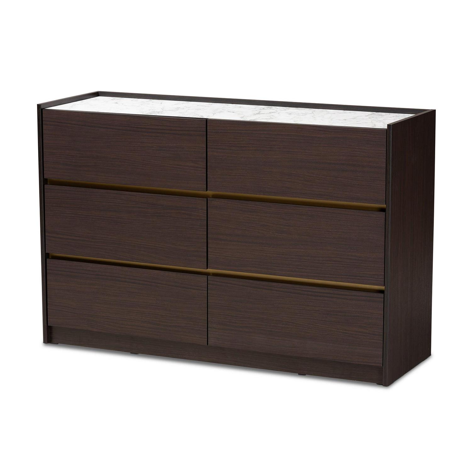 Baxton Studio Walker Modern and Contemporary Dark Brown and Gold Finished Wood 6-Drawer Dresser with Faux Marble Top - Image 2