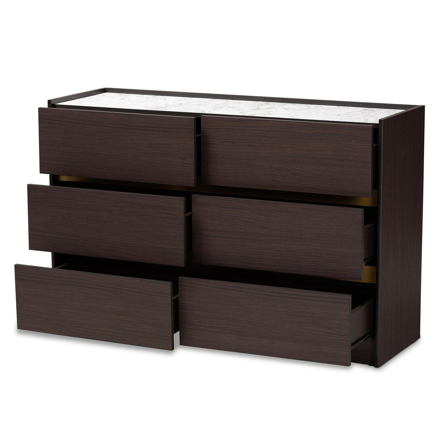 Baxton Studio Walker Modern and Contemporary Dark Brown and Gold Finished Wood 6-Drawer Dresser with Faux Marble Top - Image 3