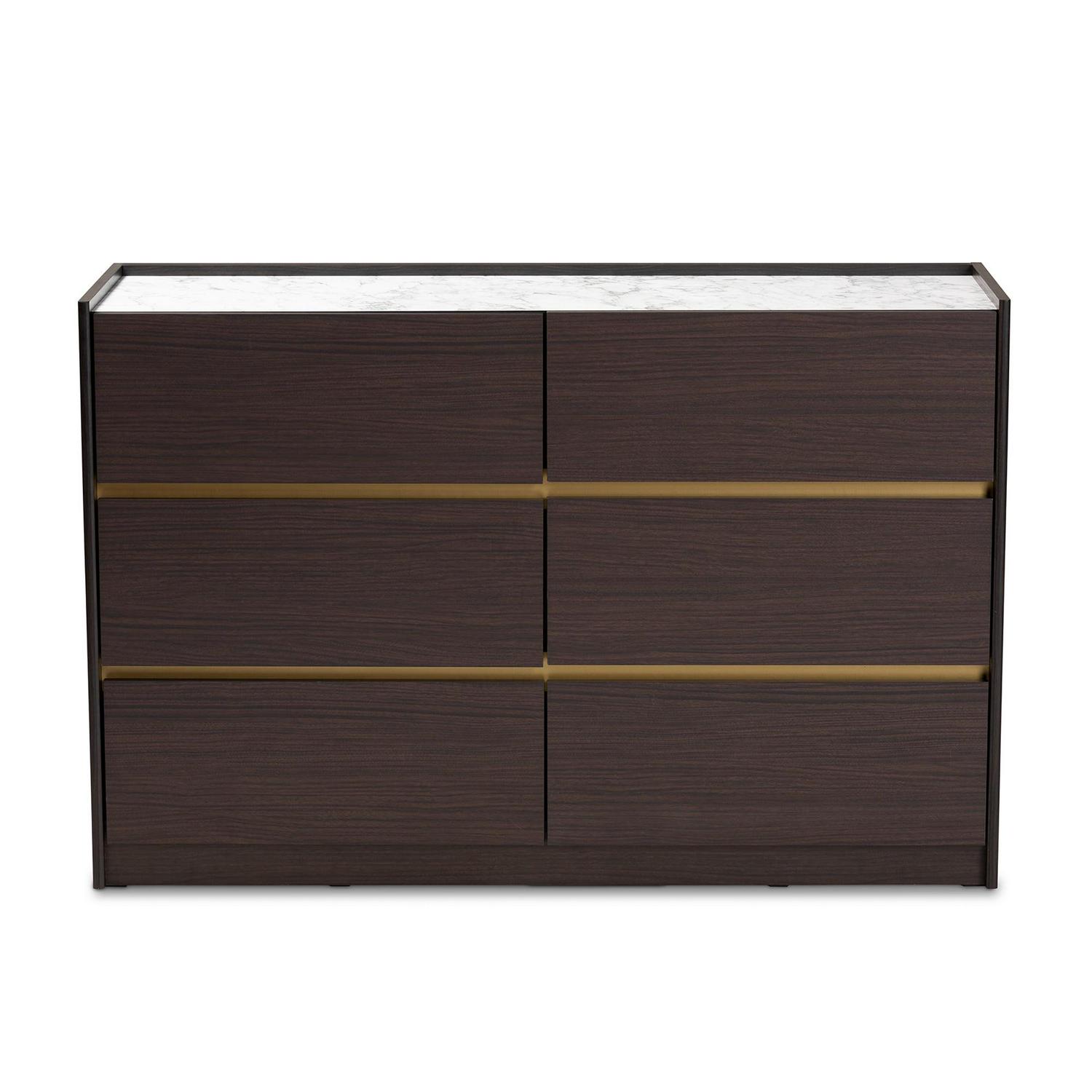Baxton Studio Walker Modern and Contemporary Dark Brown and Gold Finished Wood 6-Drawer Dresser with Faux Marble Top - Image 4