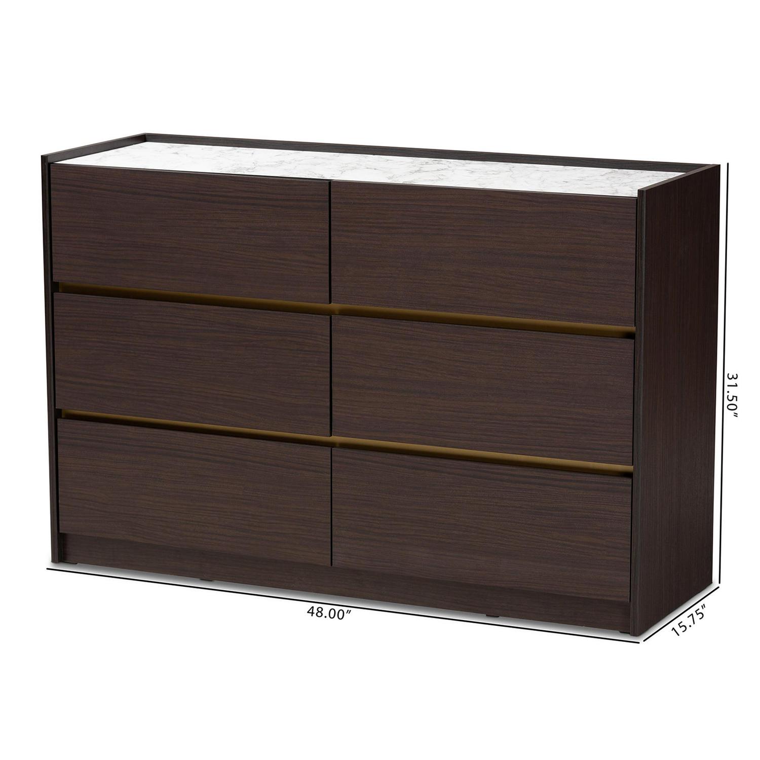 Baxton Studio Walker Modern and Contemporary Dark Brown and Gold Finished Wood 6-Drawer Dresser with Faux Marble Top - Image 9